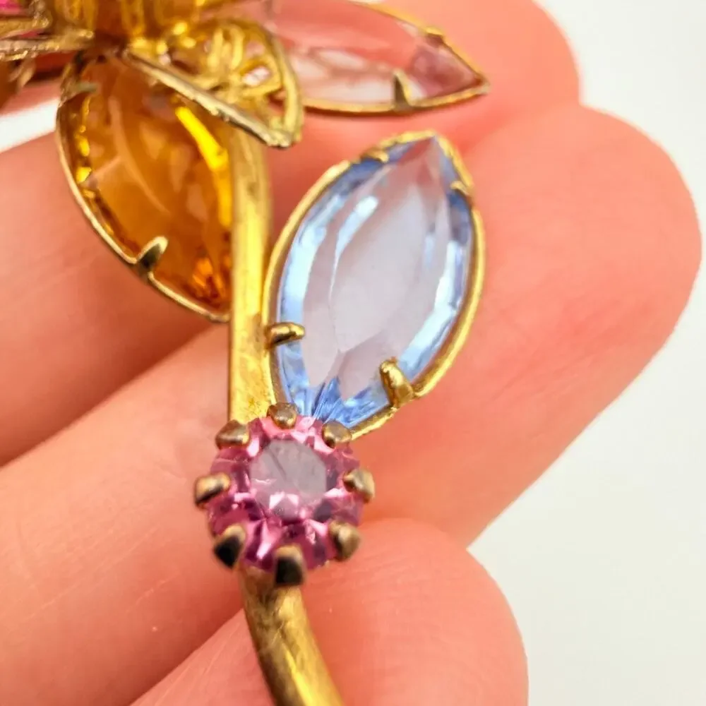 Vtg MCM 1960s Flower Stem Prong Set filigree Multi Color Pastel Brooch Gold Tone